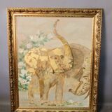 Painting Oil on canvas and gold leaf "Two elephants"