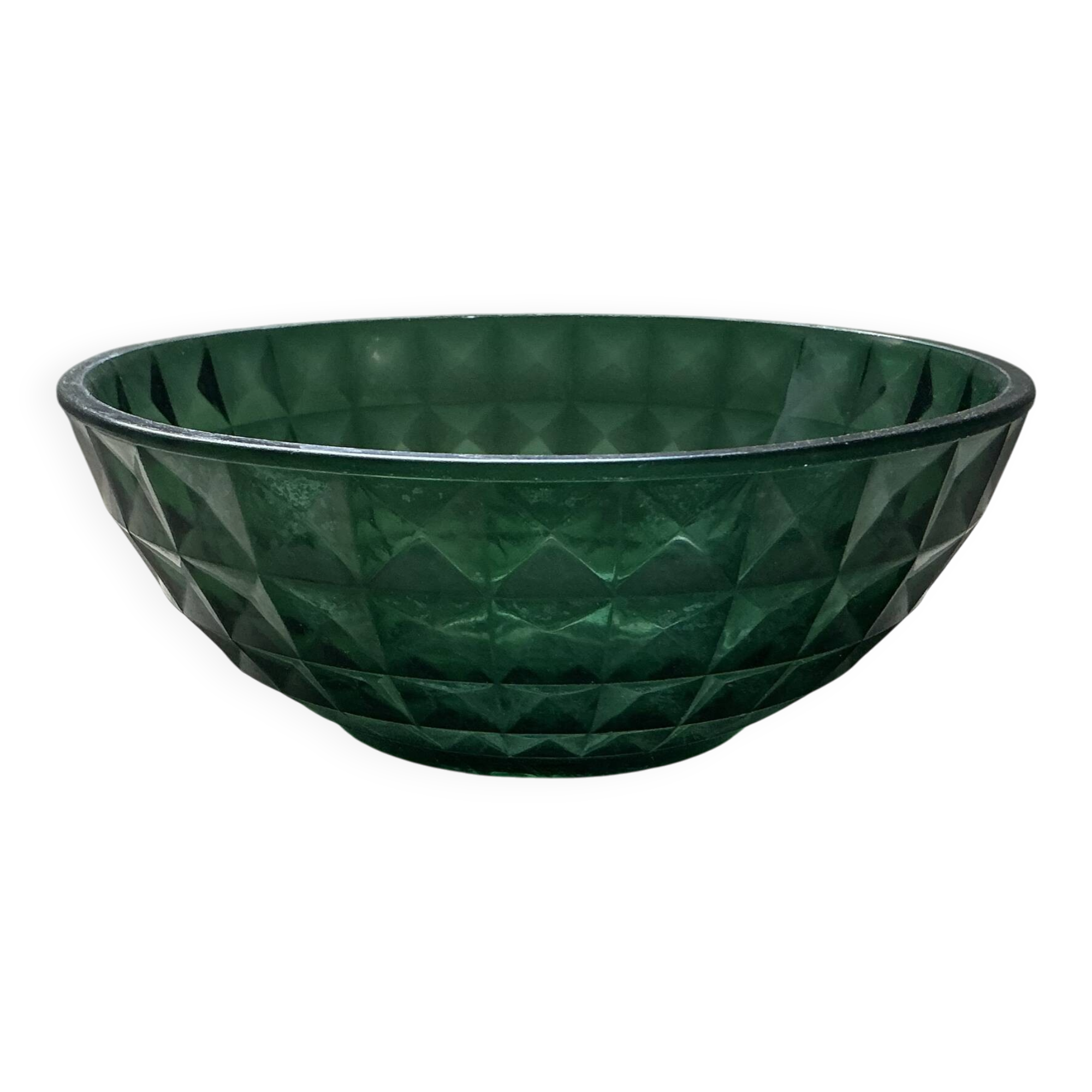 Coupe Art Déco en verre pressé vert émeraude facetté années 1930/1950
