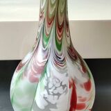 Chimney neck ball vase. Murano style. Flamed swirl design/Multicolored smoke scrolls. Dim 27 x 14 cm