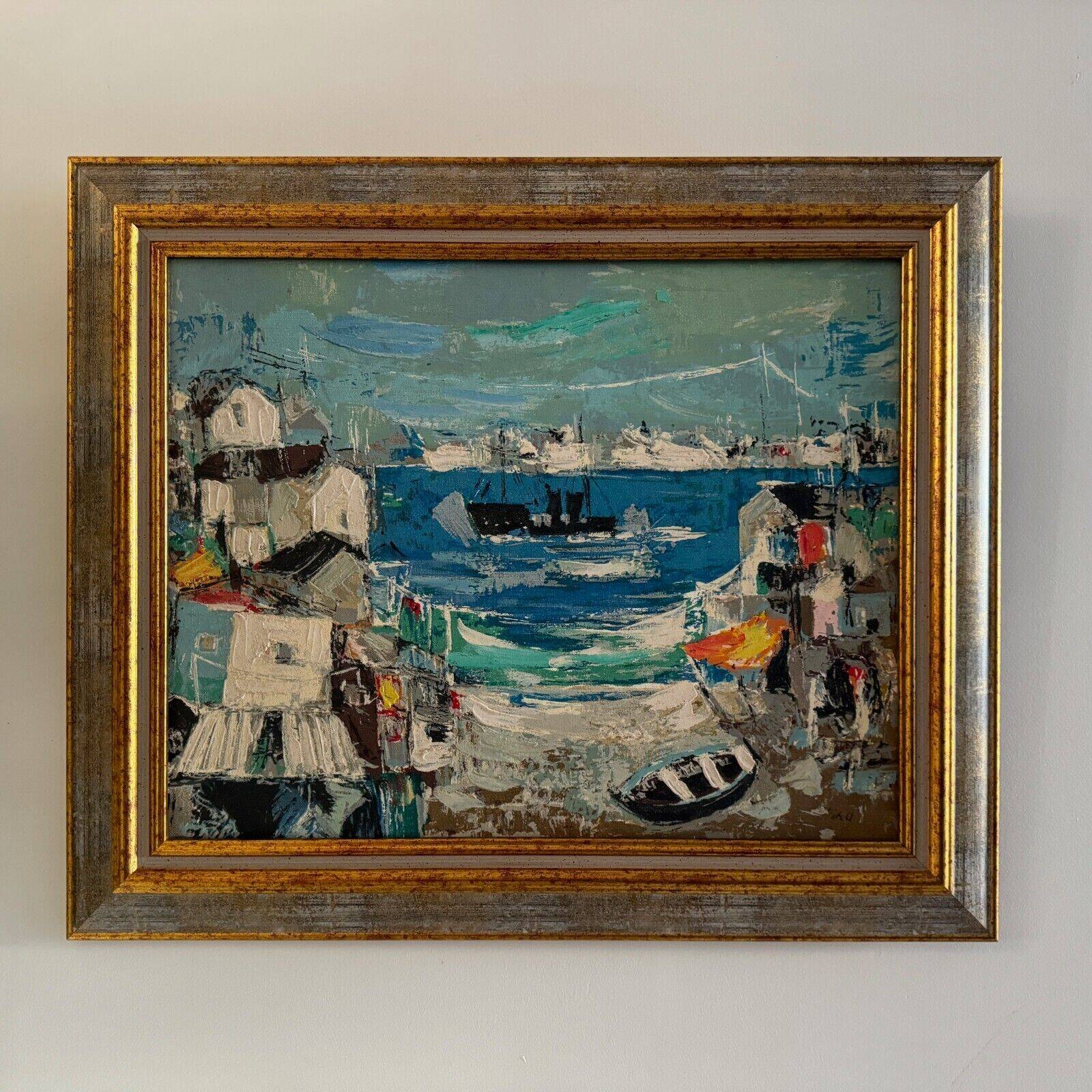 Oil on 20th century panel representing a fishing port by S. Margarit