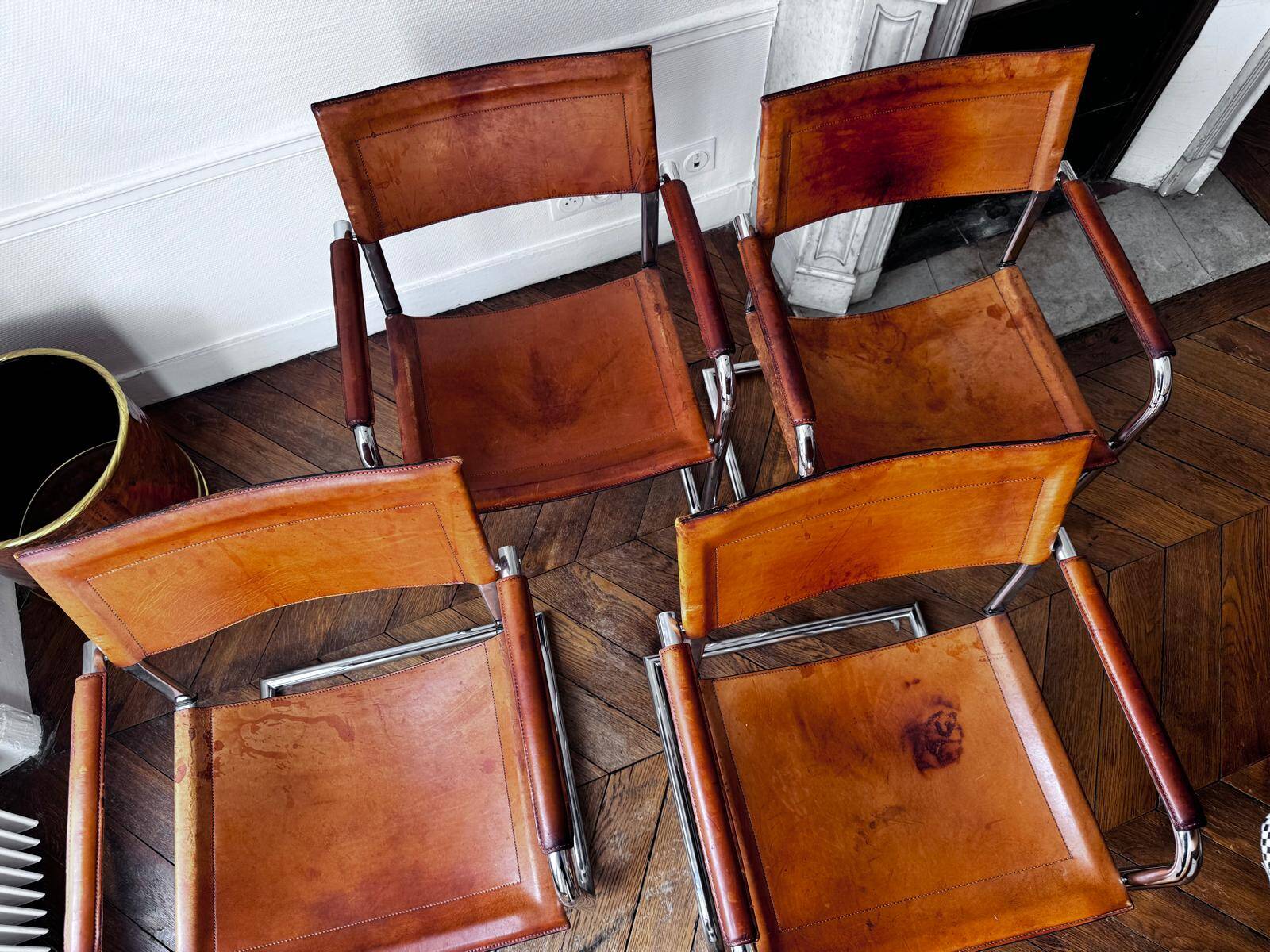 4 Matteo Grassi cantilever chairs in cognac leather