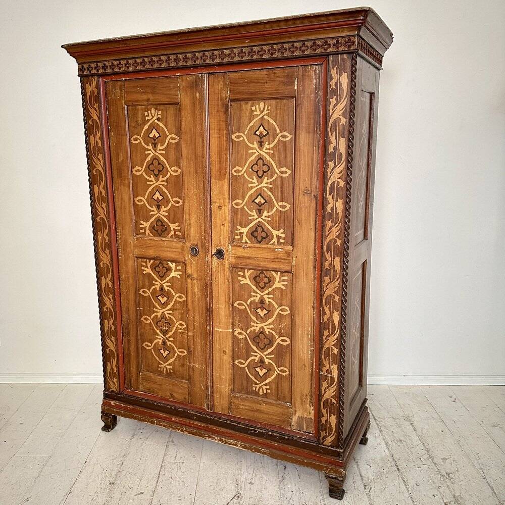 German Neo-Gothic Painted and Carved Wardrobe, 1880