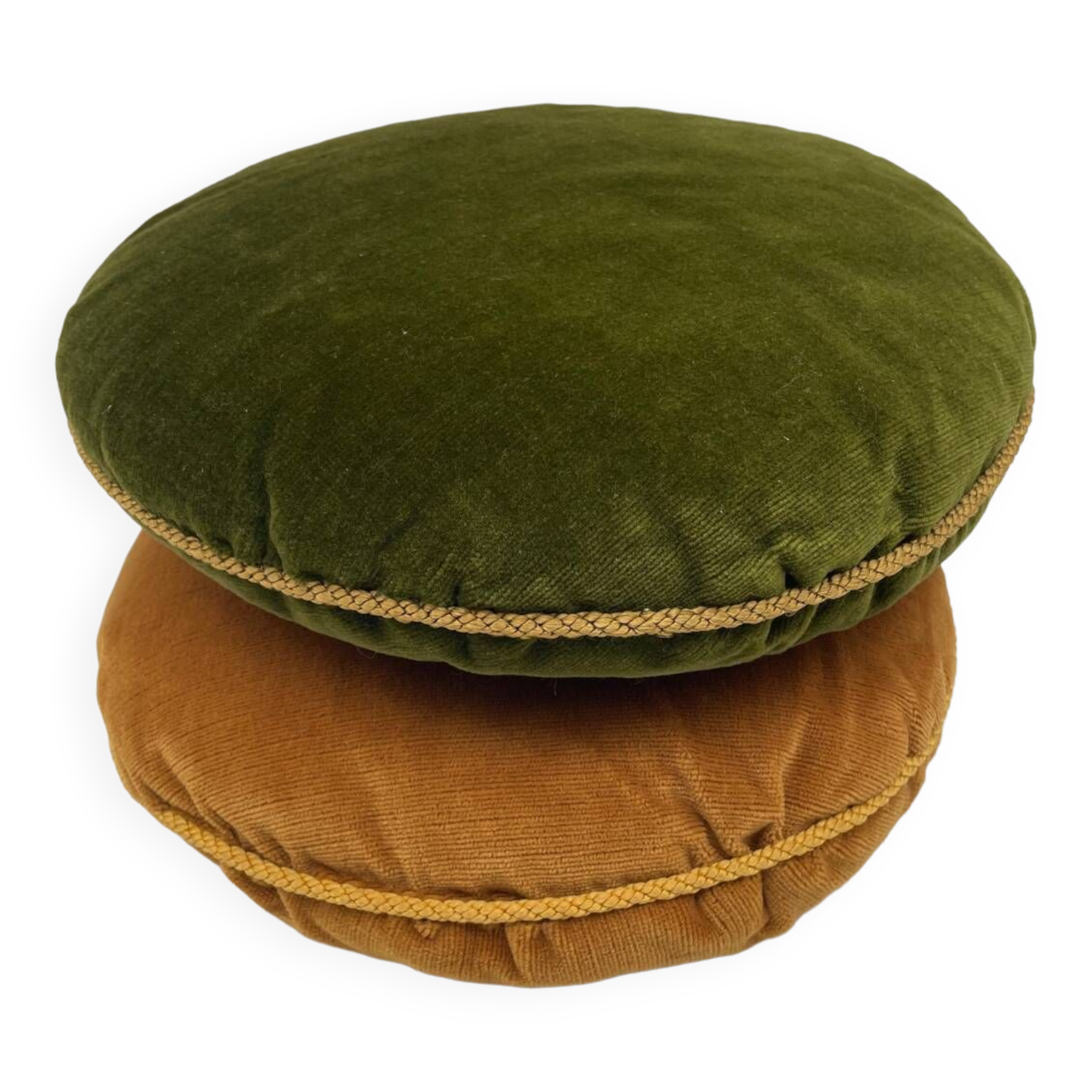 Pair of vintage round velvet cushions