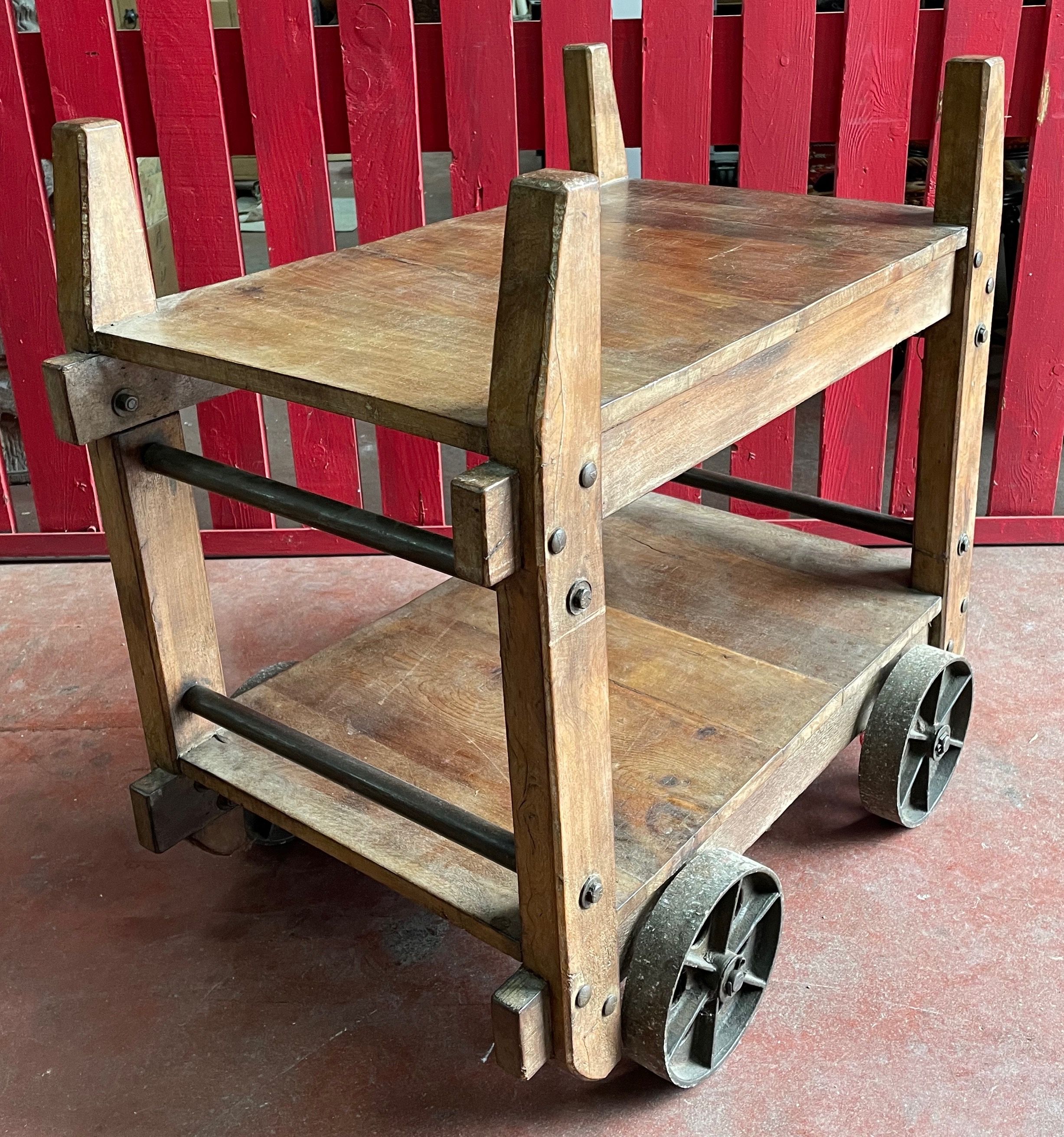 Vintage industrial servant in Teck wood and steel