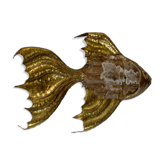 Vintage brass and stone fish-shaped wall light, 1970s