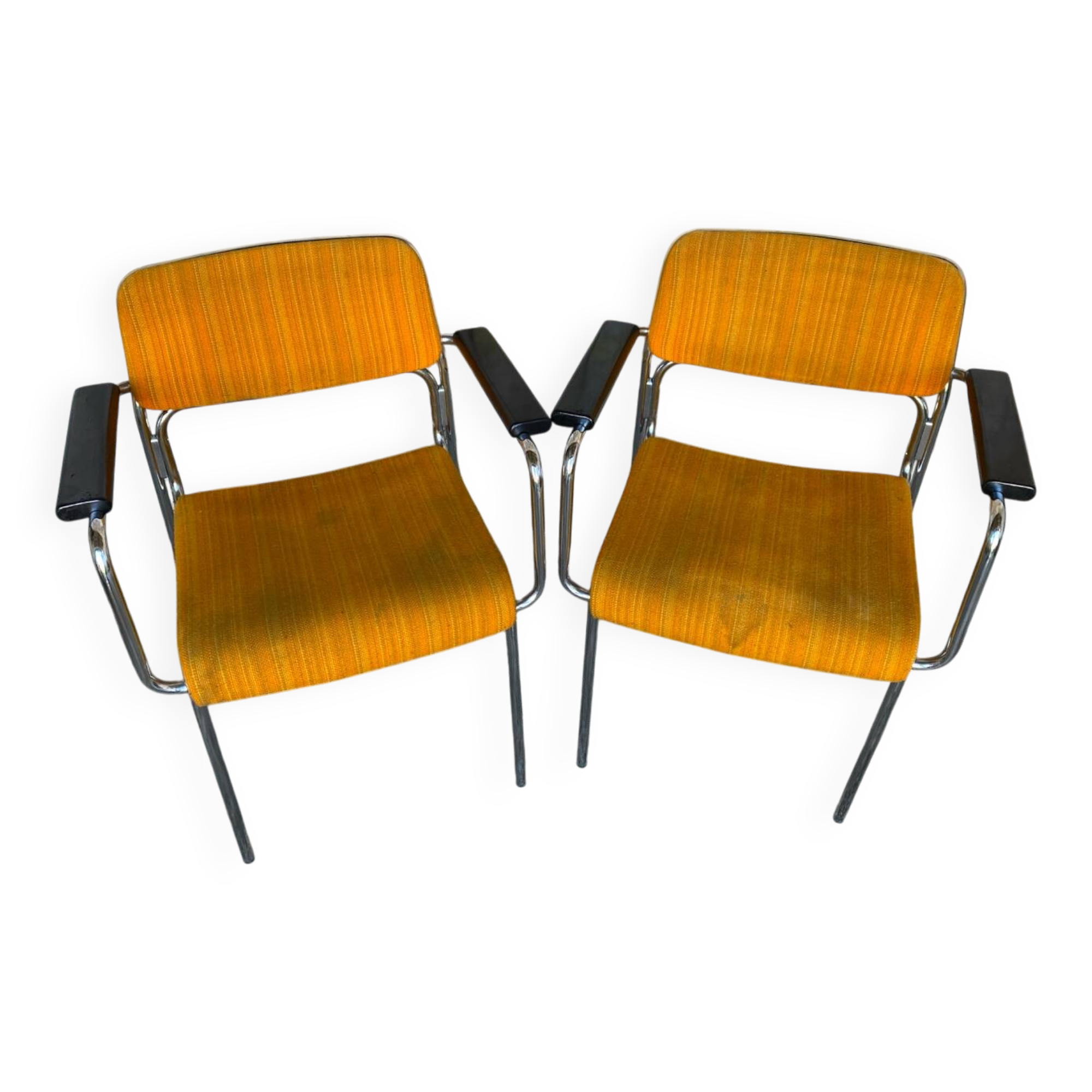 Pair of Vintage 1970s Chrome Metal Armchairs with Orange Fabric and Wood