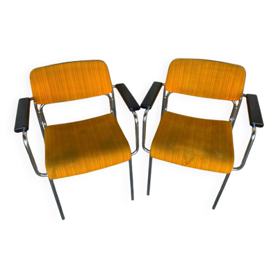 Paire Fauteuil Ancien Métal Chromé + Tissu Orange + Bois 1970 Vintage