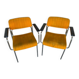 Pair of Vintage 1970s Chrome Metal Armchairs with Orange Fabric and Wood