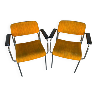 Pair of Vintage 1970s Chrome Metal Armchairs with Orange Fabric and Wood