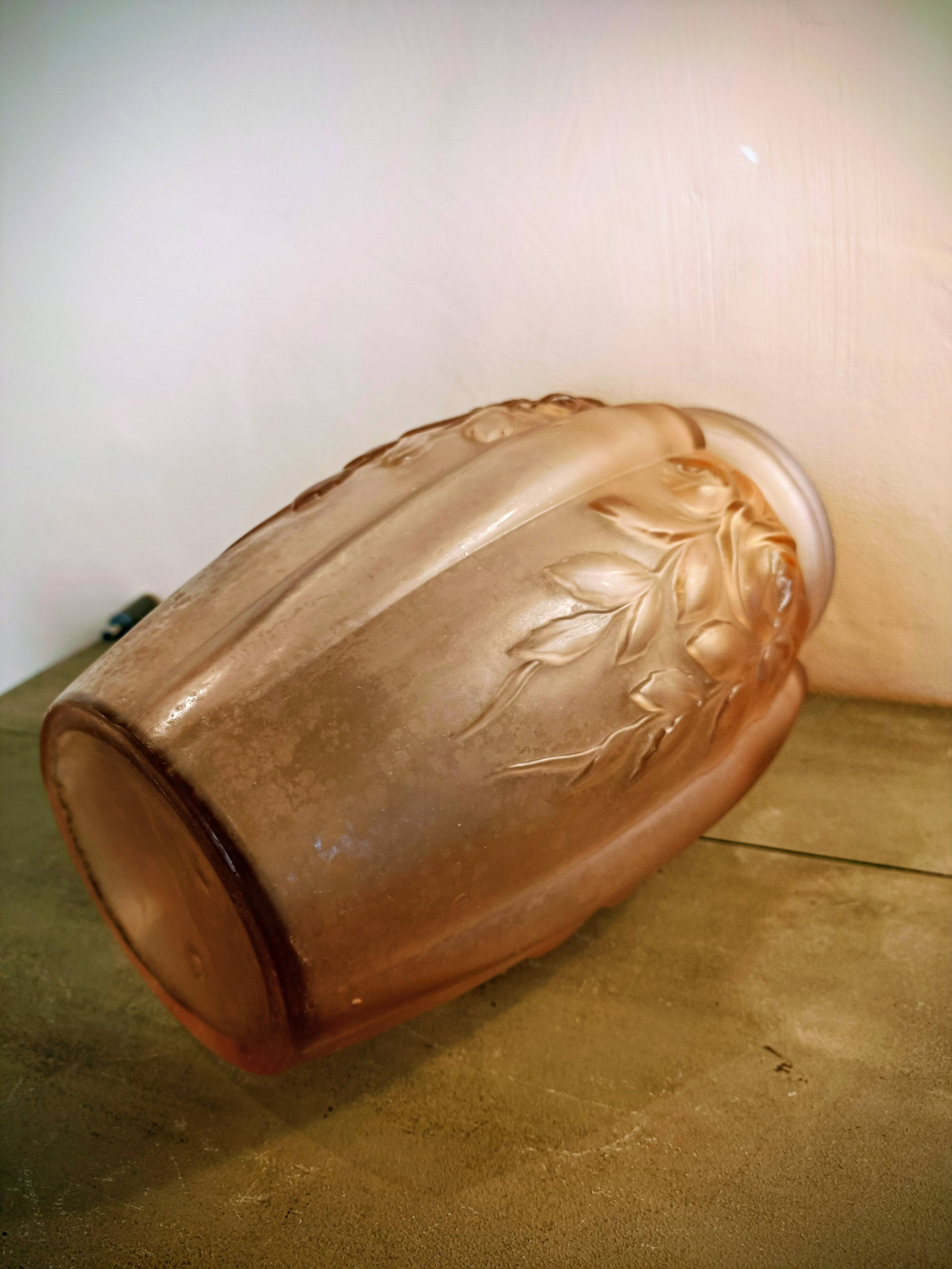 Art Deco vase, moulded satin pink glass.