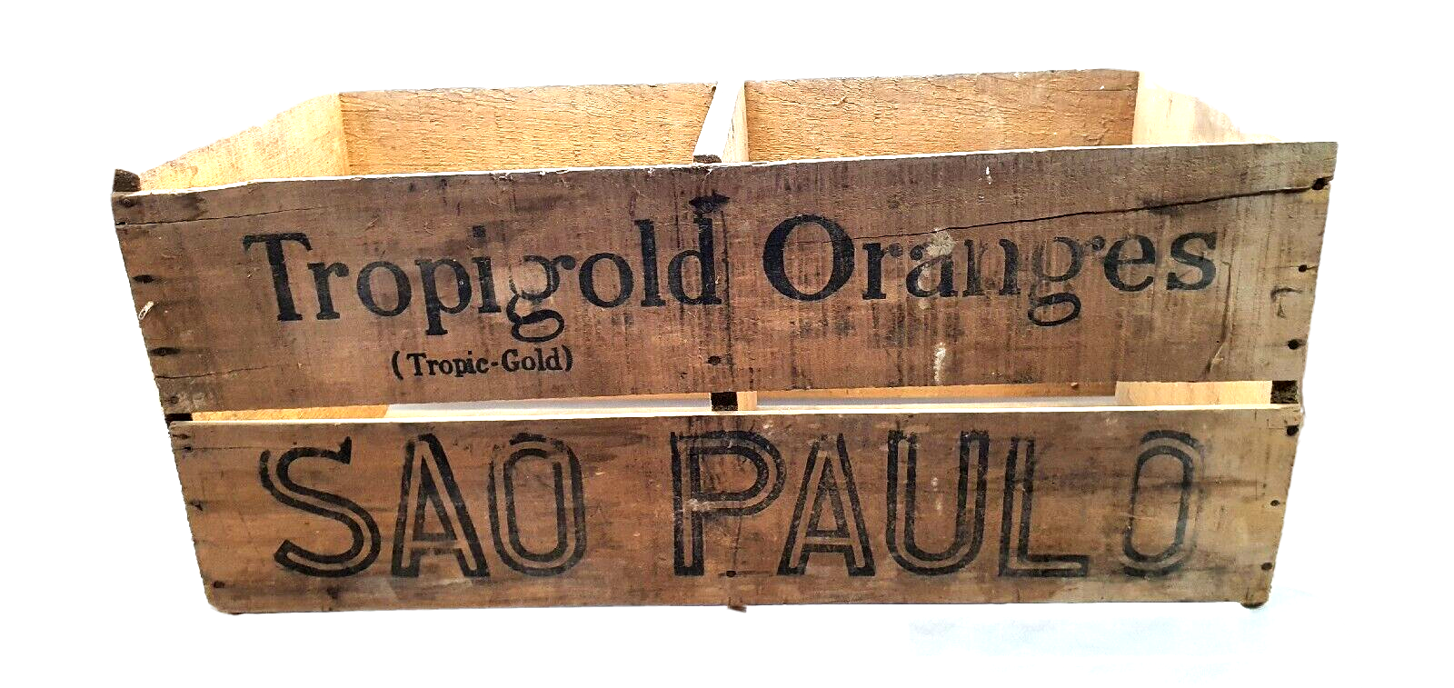 Old wooden advertising box Tropigold oranges Sao Paulo vintage