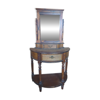 Elegant rounded dressing table in pine and rattan - 20th century