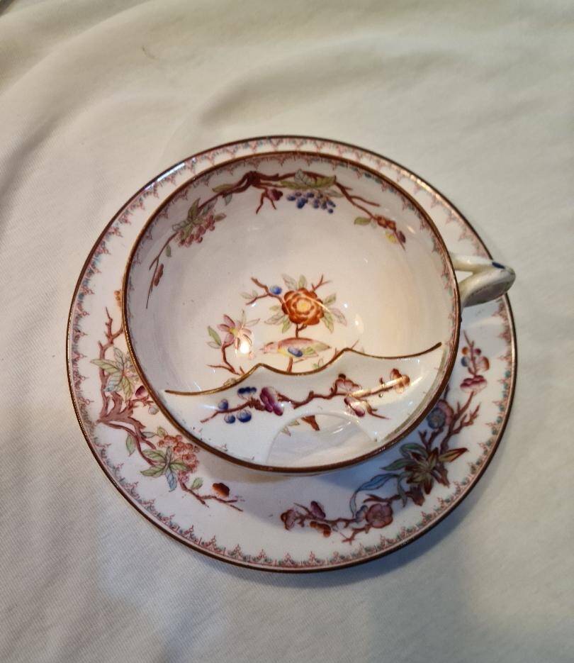 Rare mustache cup + Sargumines saucer with Fismes decoration 19th century