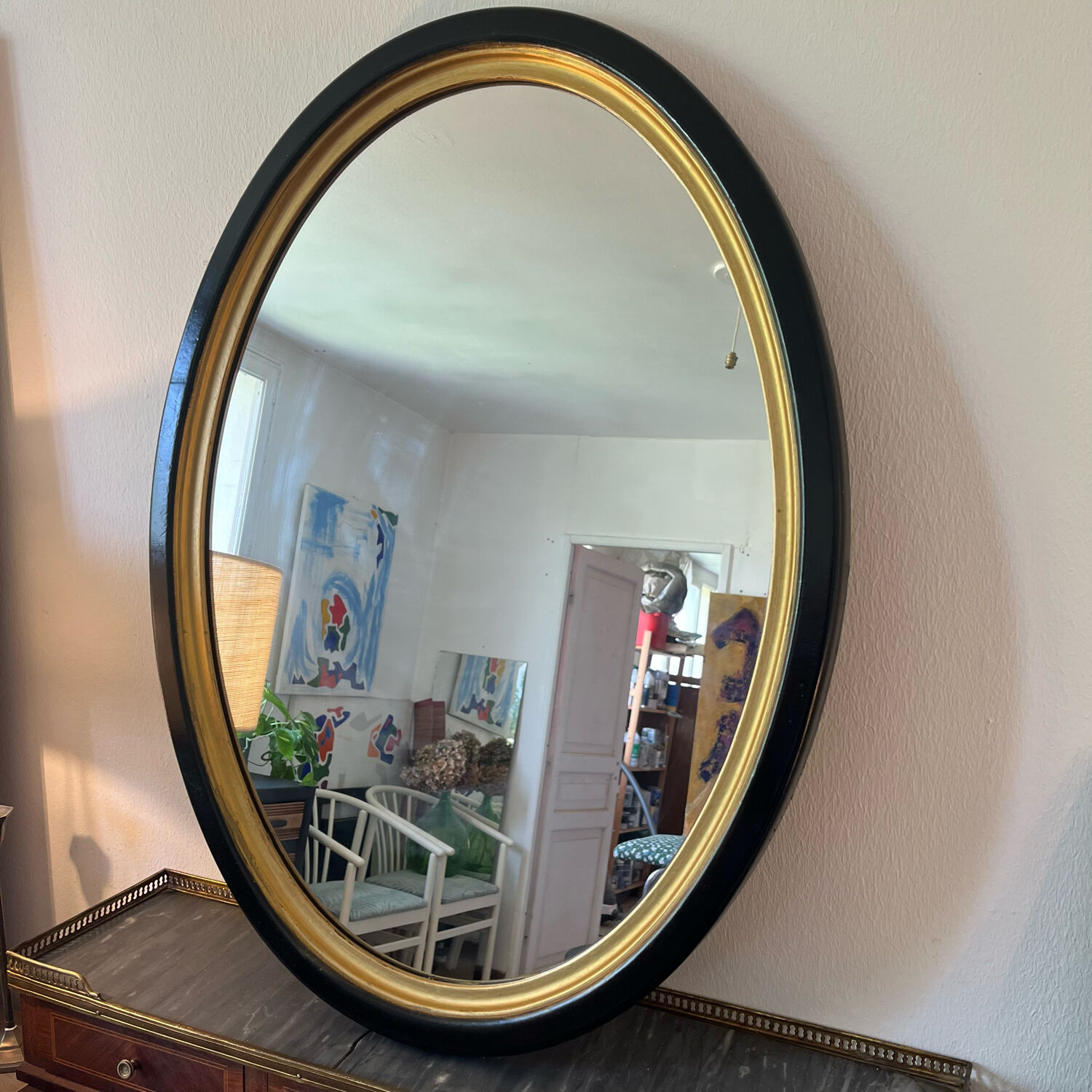 Vintage oval mirror wood black and gold