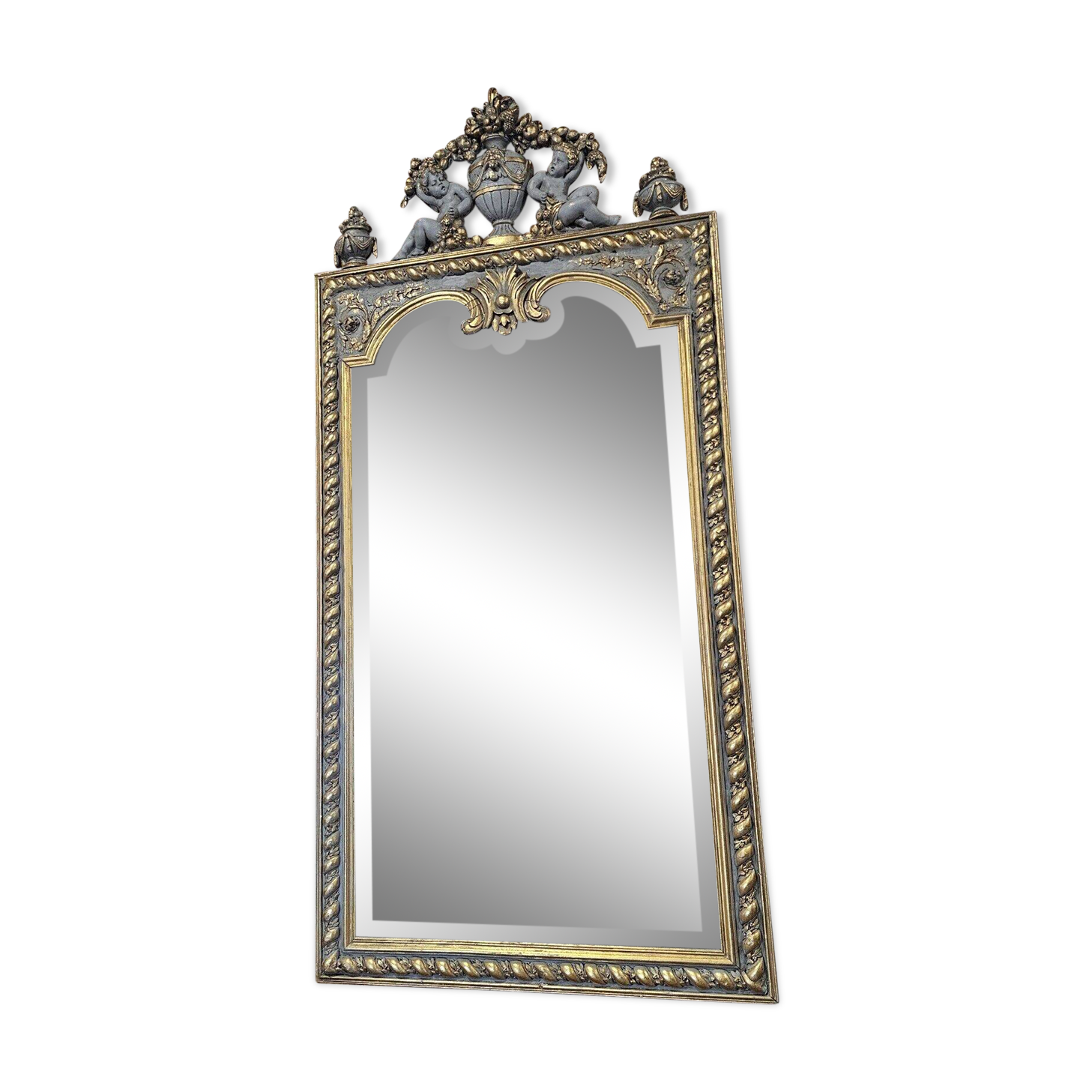 mirror in gray and gold patinated wood with loves