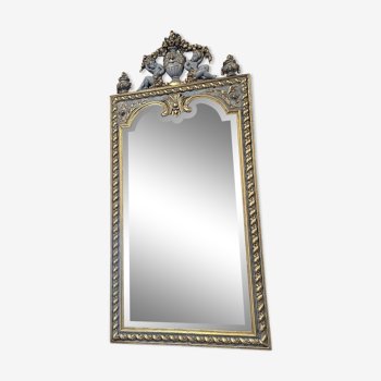 mirror in gray and gold patinated wood with loves