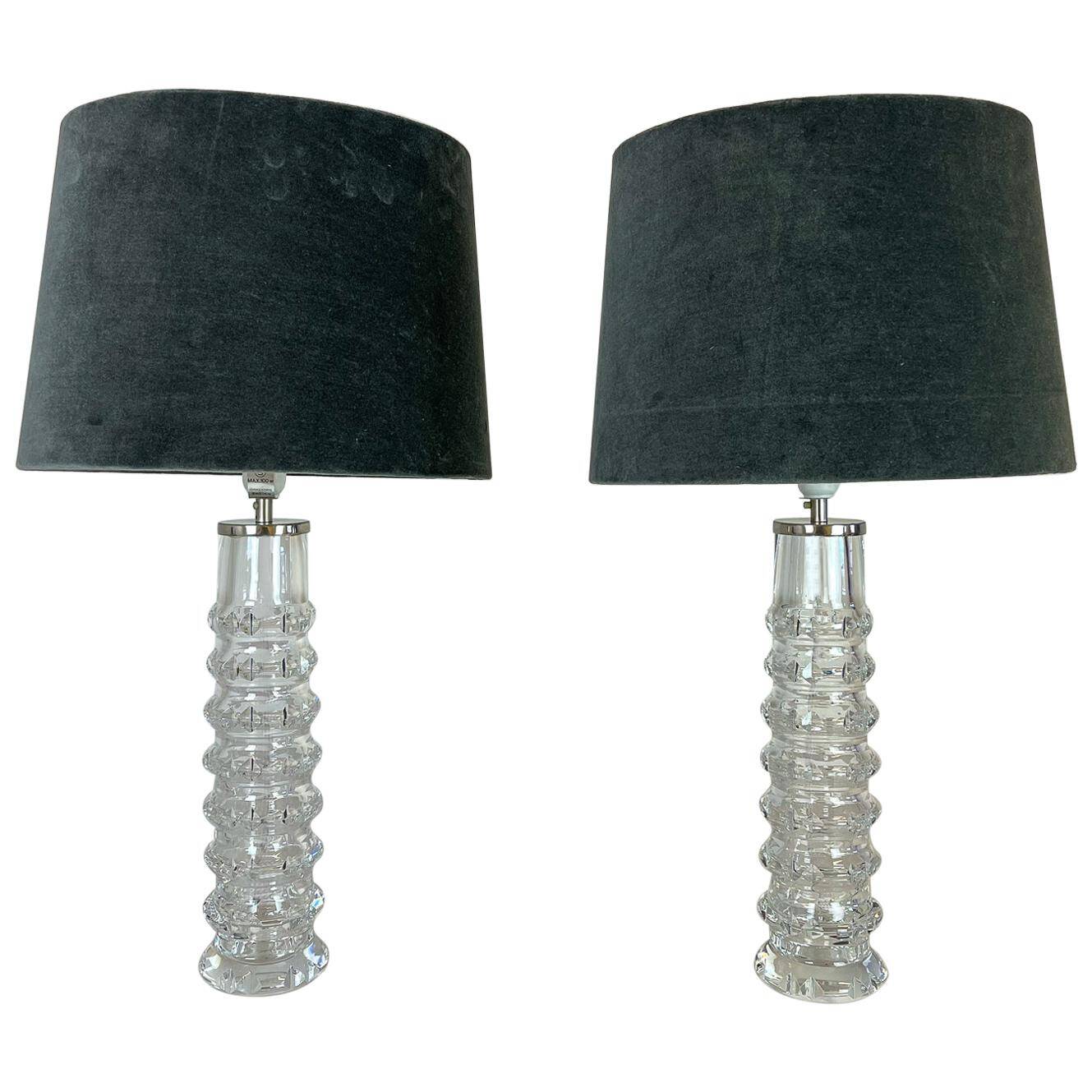 Pair of mid-century crystal lamps by Carl Fagerlund for Orrefors Sweden, 1970s.