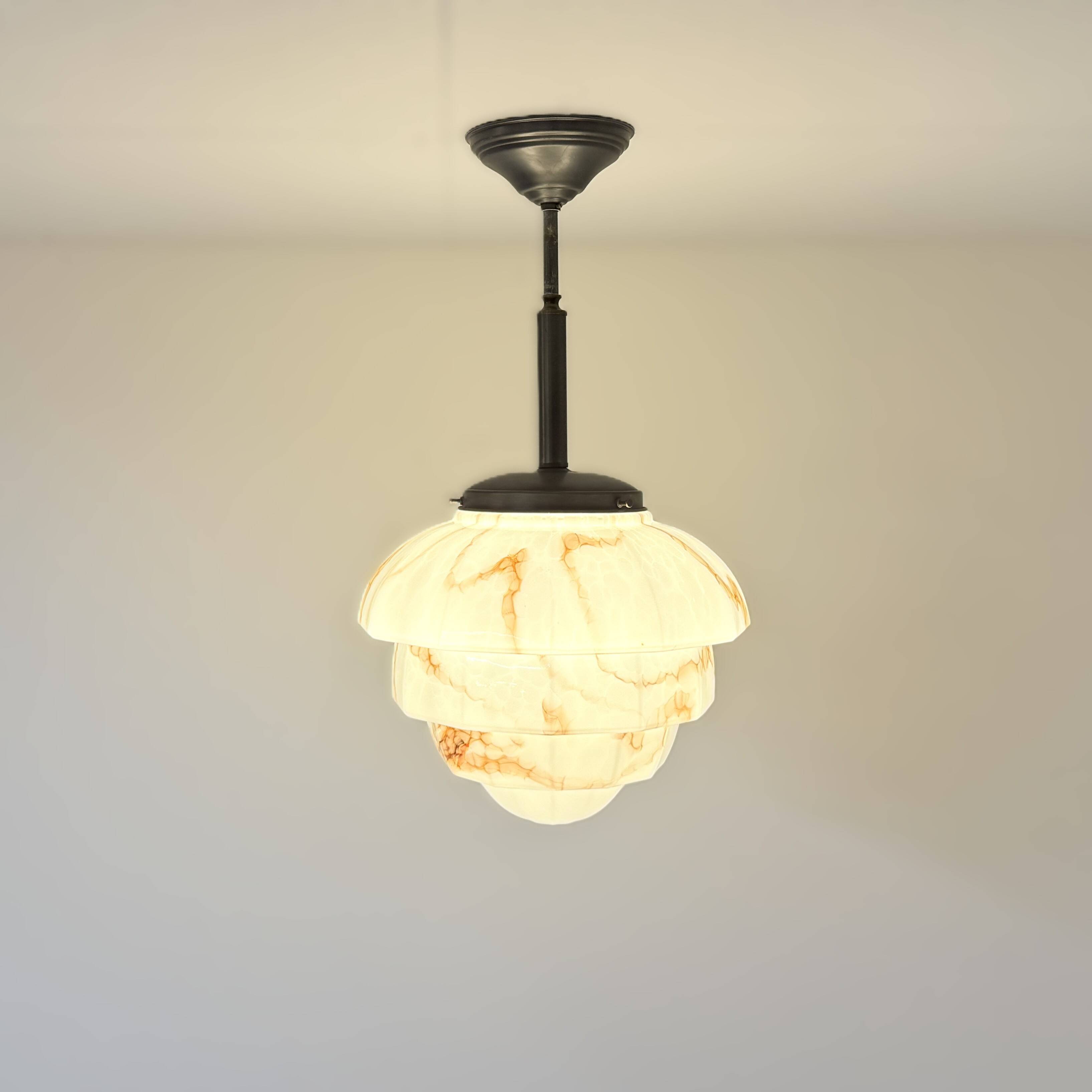 Art Deco pendant lamp with marbled glass shade