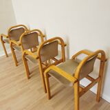 Set of 4 Vintage Beech Wood Dining Chairs: 1970s Space Age Gray Fabric