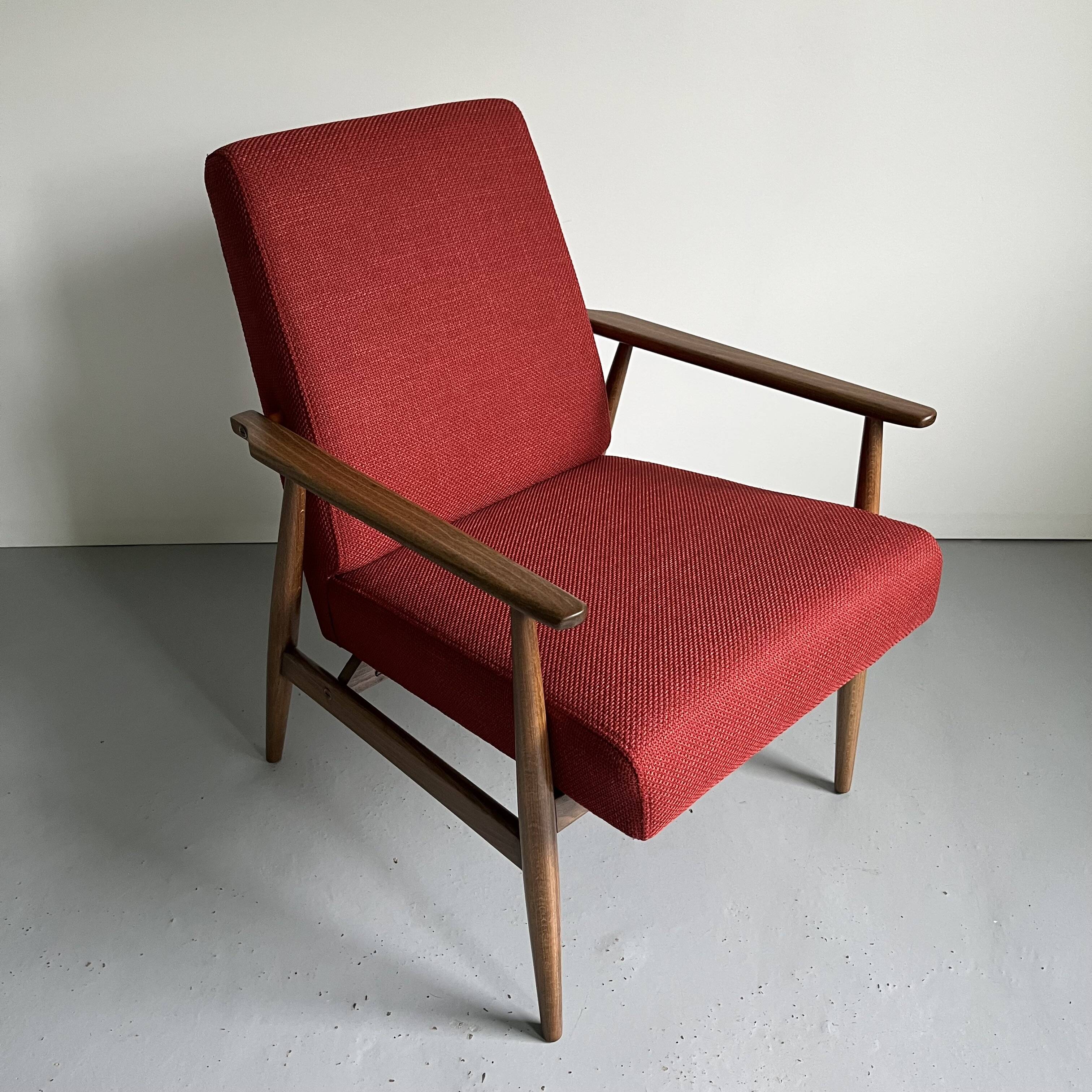 Restored Polish Mid-Century Modern Armchair, Red Vintage Lounge Chair