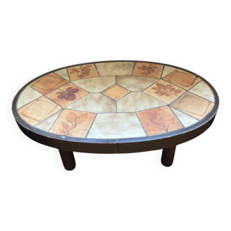 Table basse ovale céramique et bois vintage