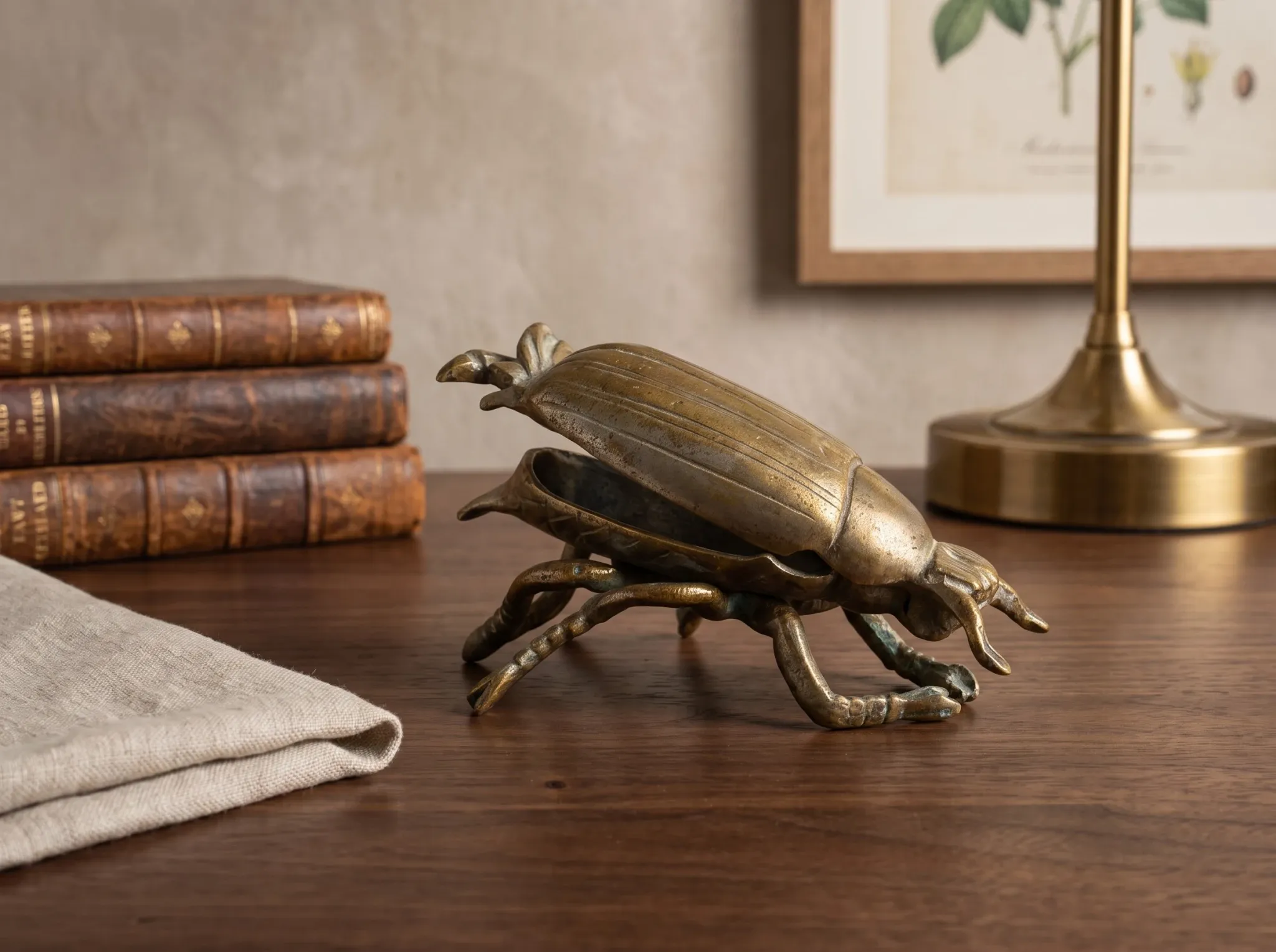Brass Beetle Ashtray, Hinged Insect Figurine with Lift Up Wing Case