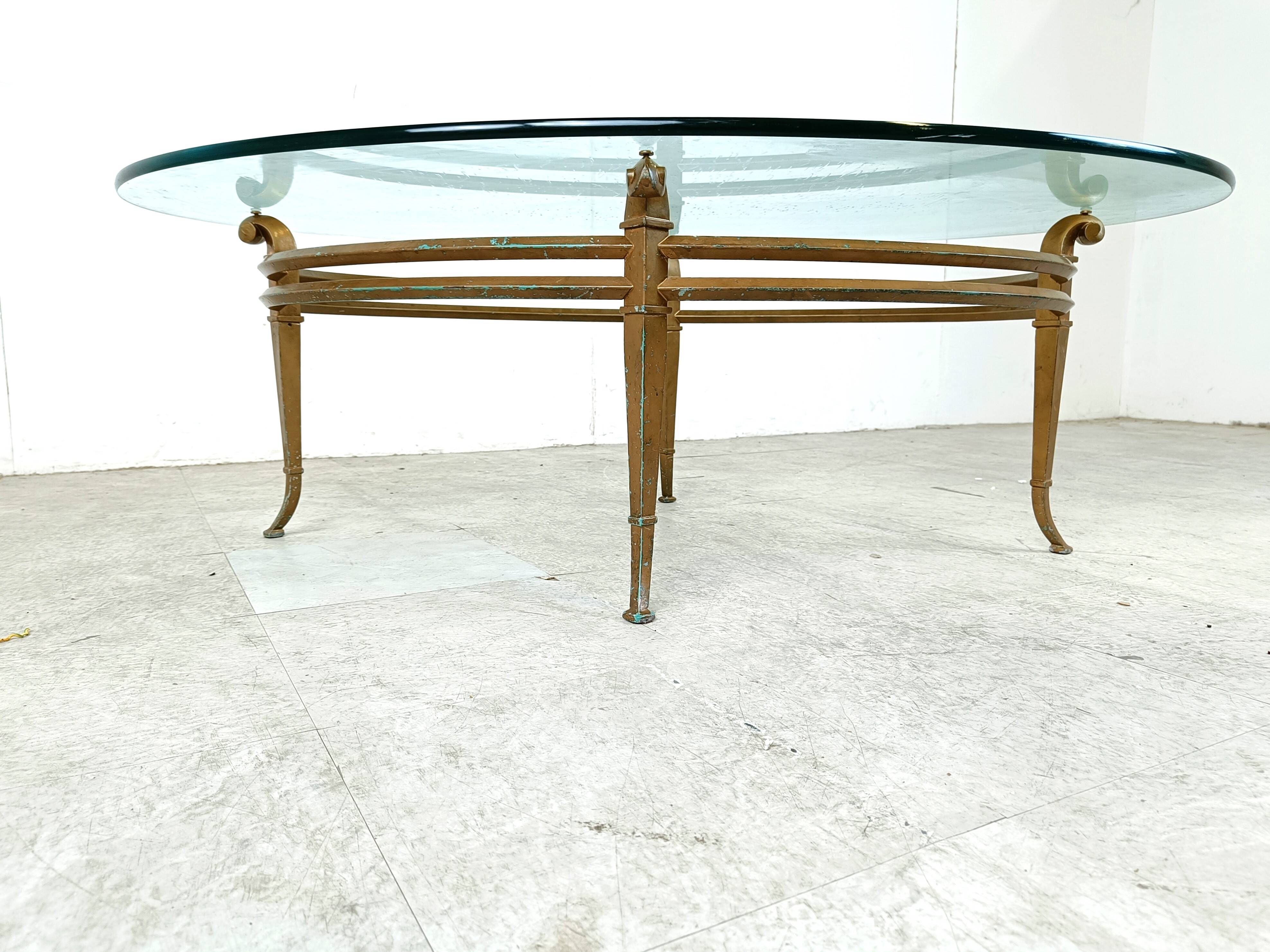 Vintage golden metal and oval glass coffee table, 1970s