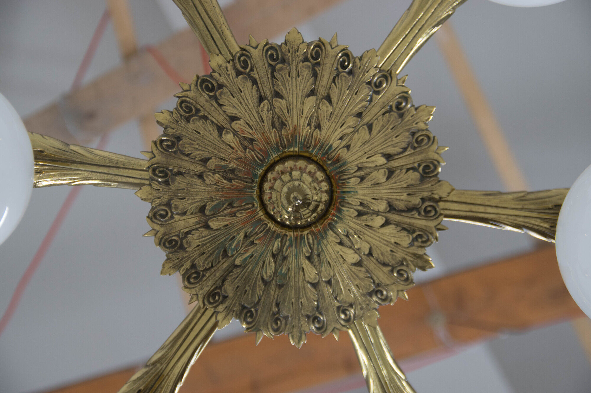Art nouveau brass and glass chandelier