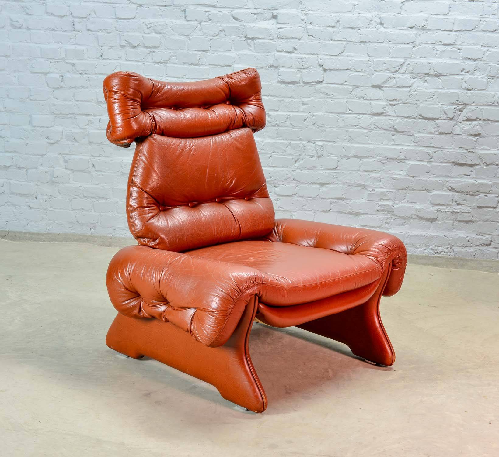 Brutalist Sculptured Brazilian Style Cognac Leather Lounge Chair, 1970s