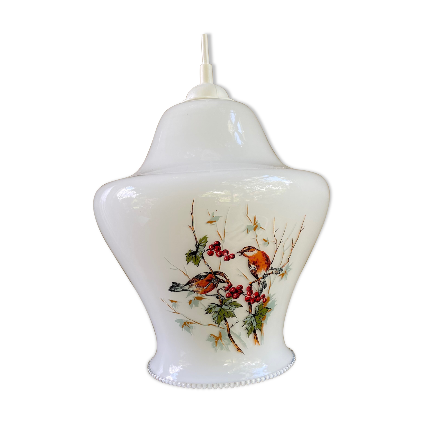 Opaline pendant lamp-Bird decoration-60s