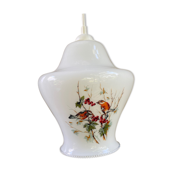 Suspension en opaline-décor oiseaux-années 60