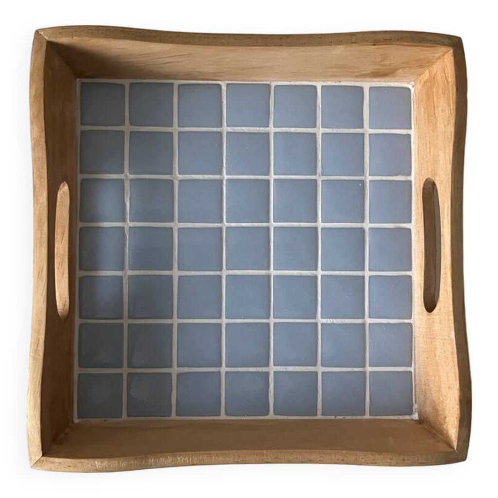 Plateau De Service Artisanal En Bois - Incrustation Os Bleu - Moderne - Fabriqué En Inde