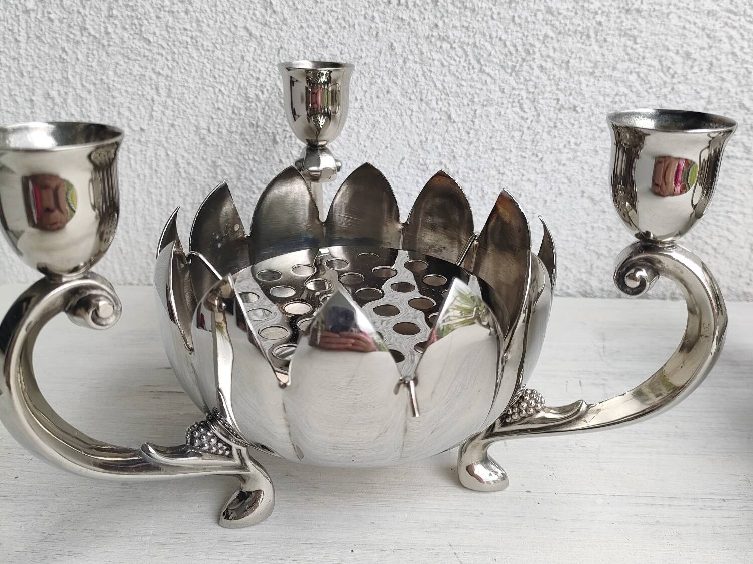 Pair of silver-plated lotus candle holders