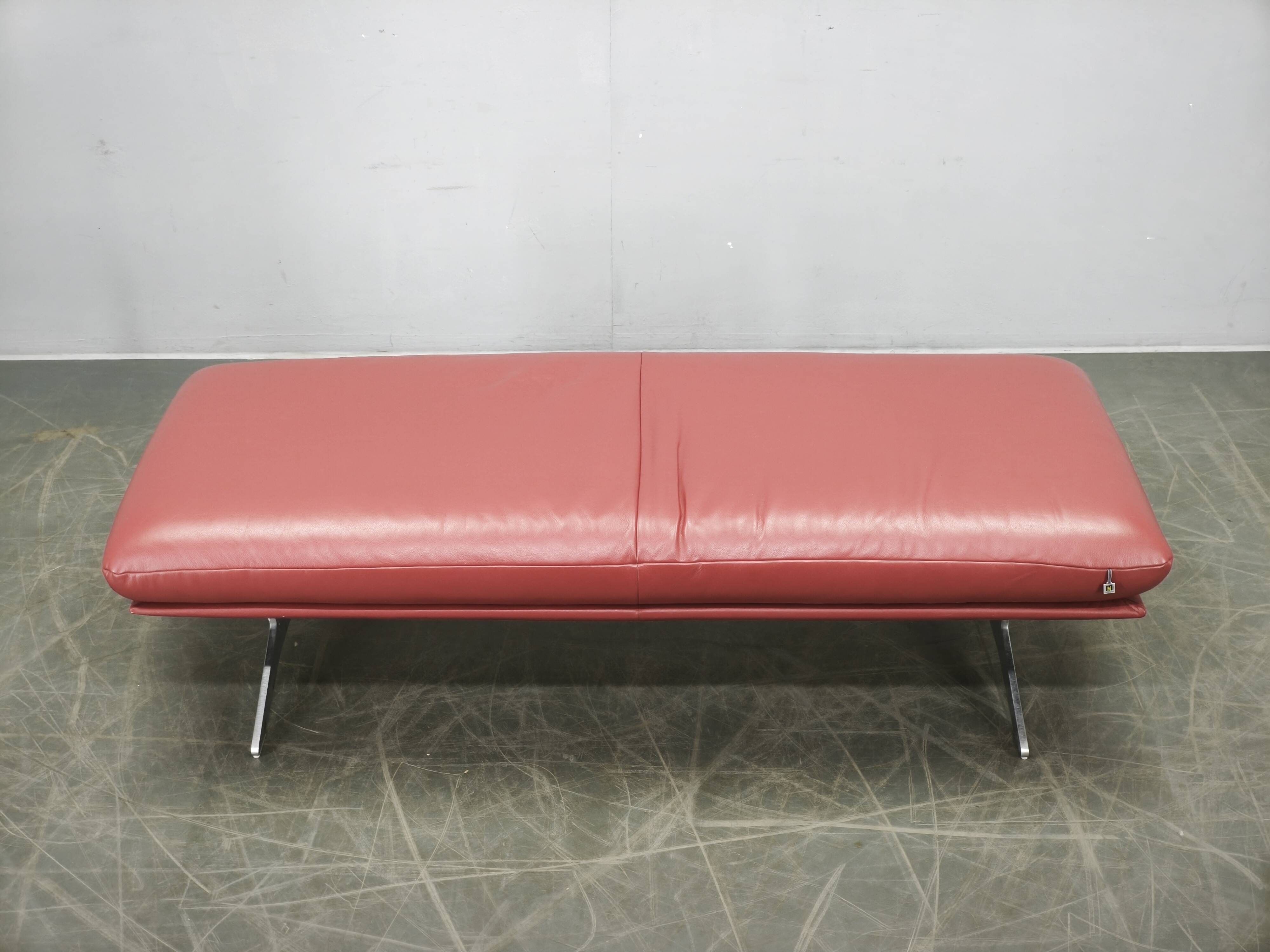 German Koinor Leather Bench with Brushed Stainless Steel Base 2020s
