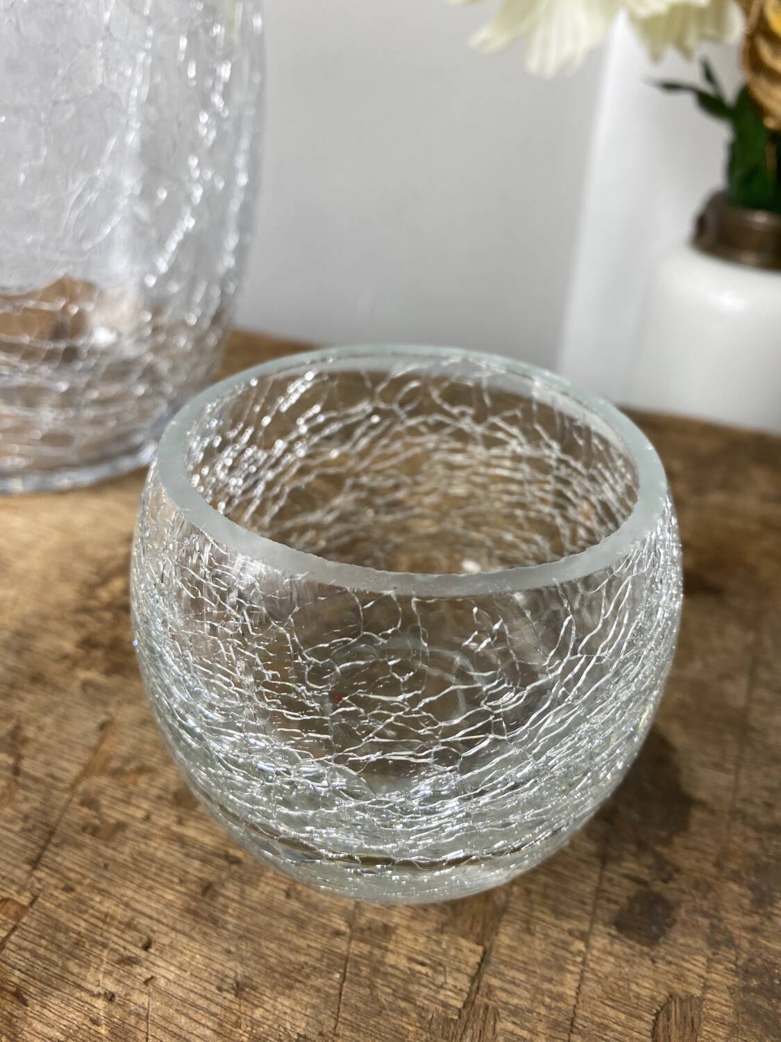 Crackle glass vase and candle holders