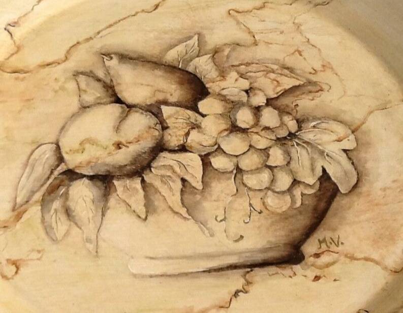 Painted sheet metal serving tray Fruit basket decor on beige background with marbled effect