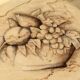 Painted sheet metal serving tray Fruit basket decor on beige background with marbled effect