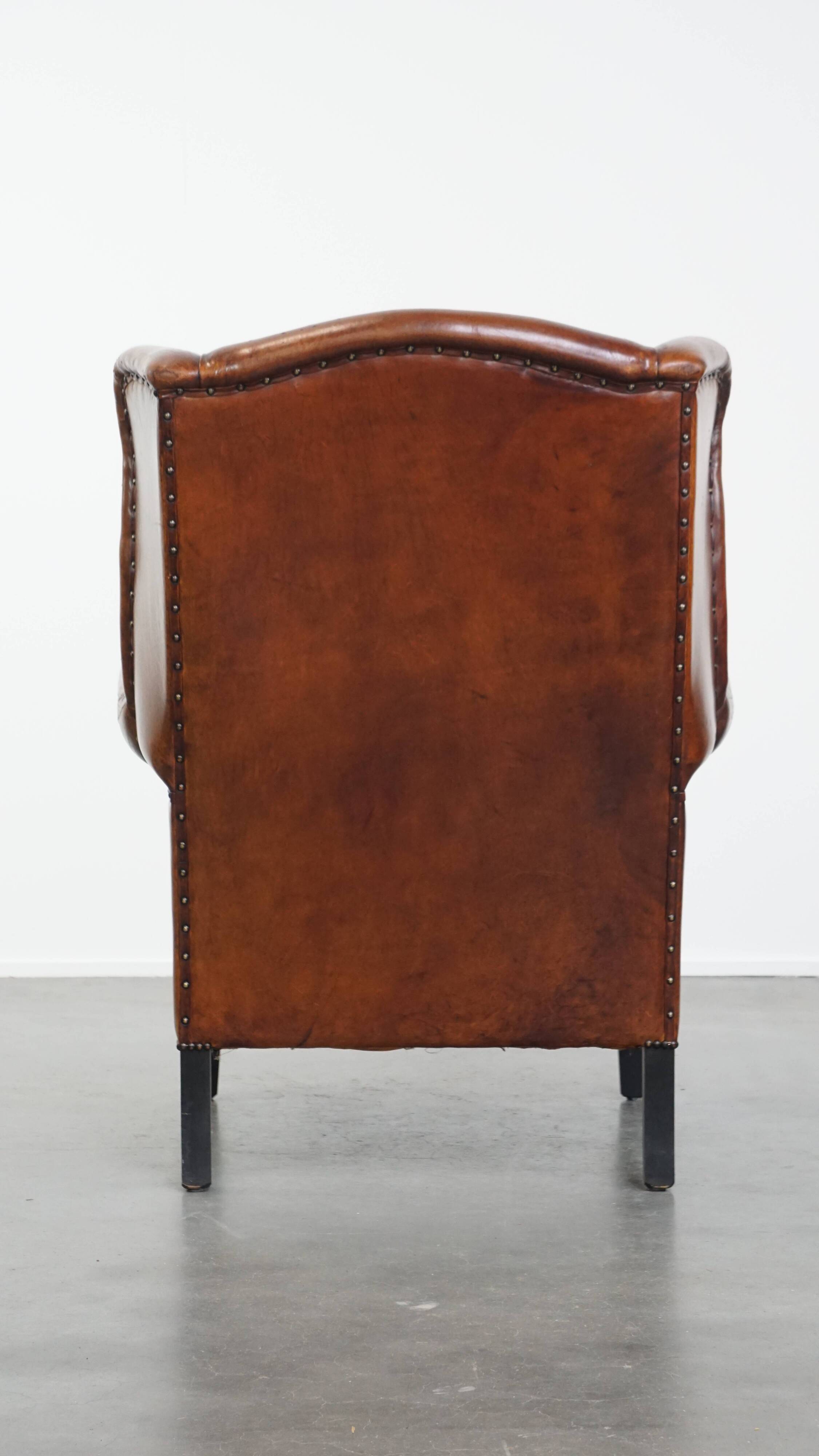 Large Vintage Sheepskin Leather Wingback Chair