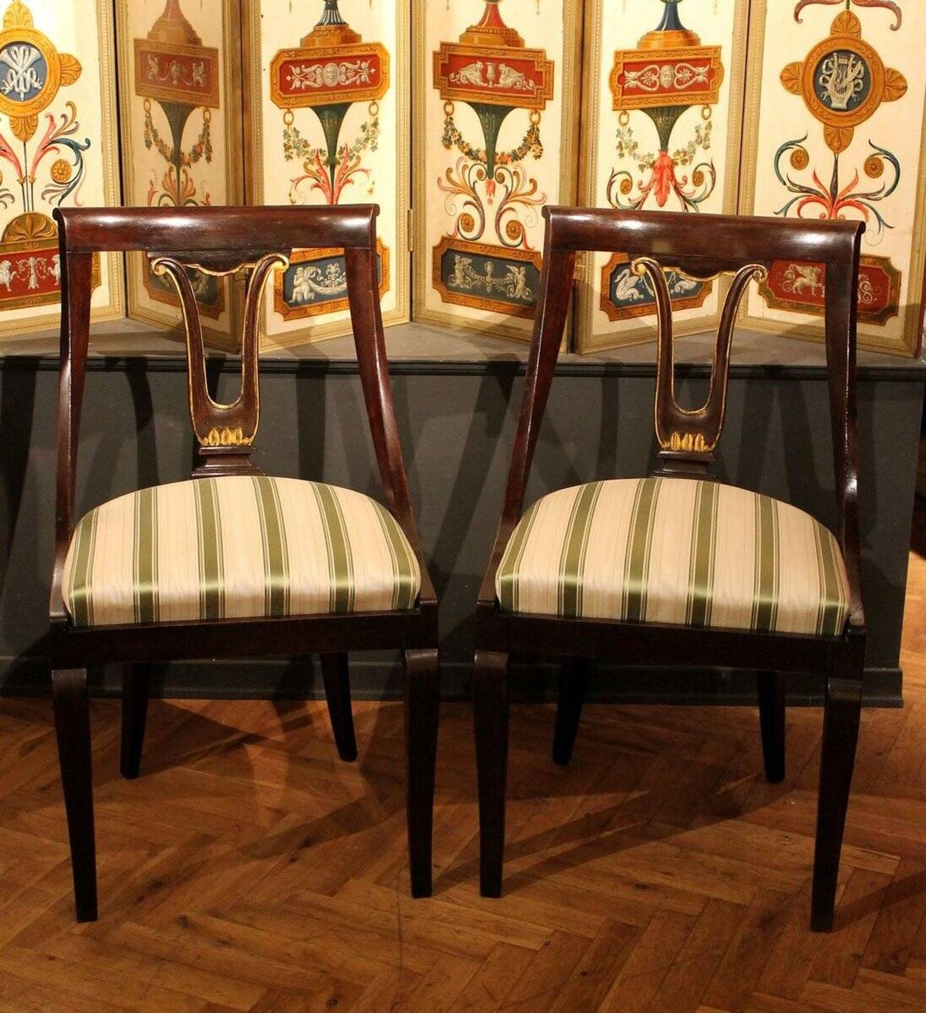 18th Century French Directoire Mahogany Chairs with Silk Blend Upholster Fabric, Set of 4