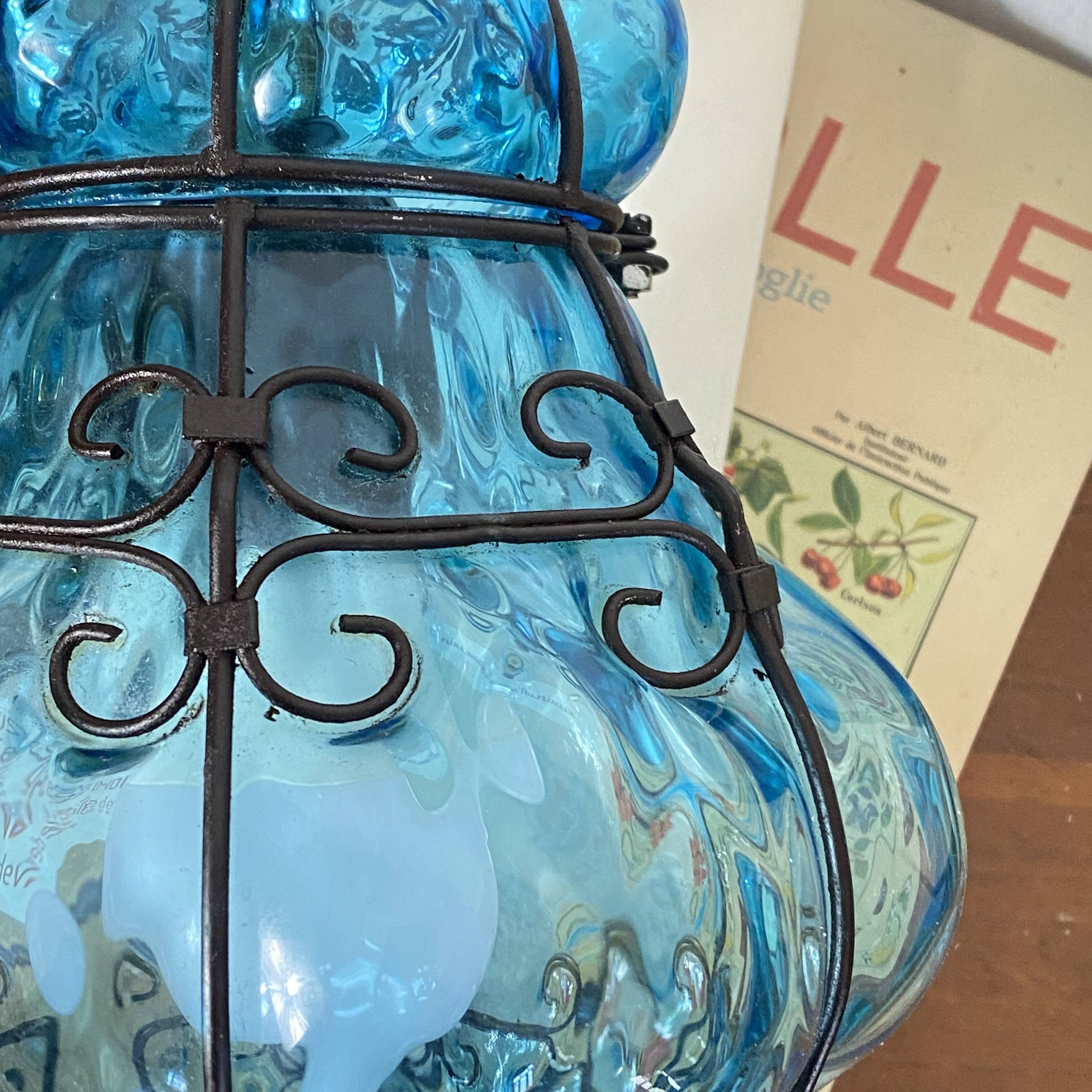 Old suspension glass cage blown Venetian lantern blue