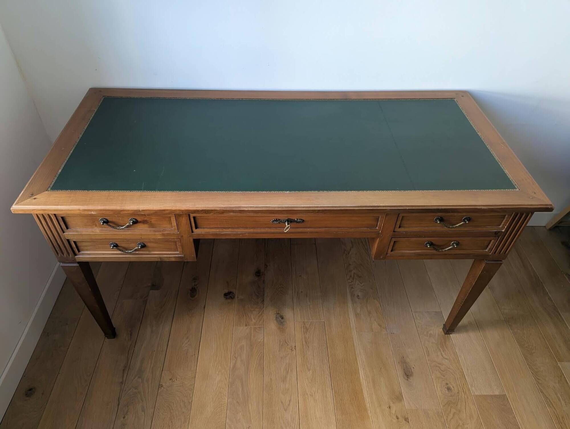 Louis XVI style flat desk in cherry wood, green leather top - French work