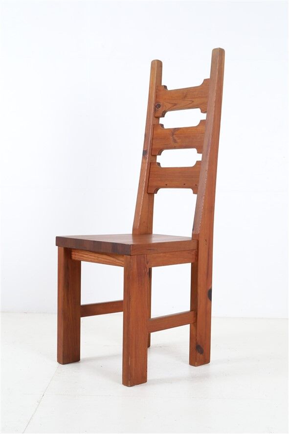 Set of 4 pinewood chairs by Sven Larsson / 1970s / Brutalism / Postmodern design