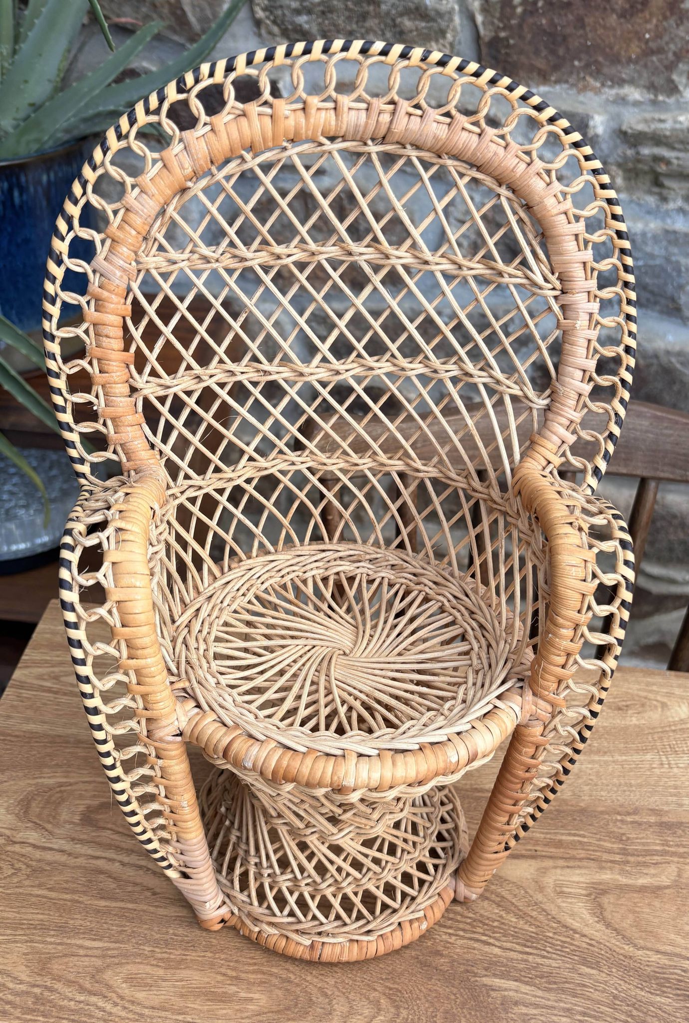 Miniature Peacock Chair Woven Rattan — Vintage Bohemian Plant Stand — 1970s