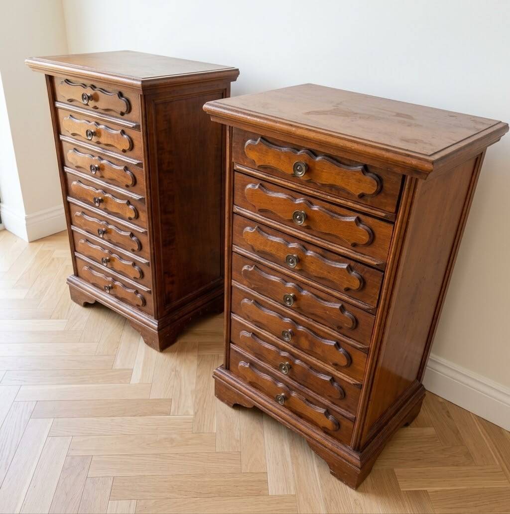 Set of 2 antique bedside tables.