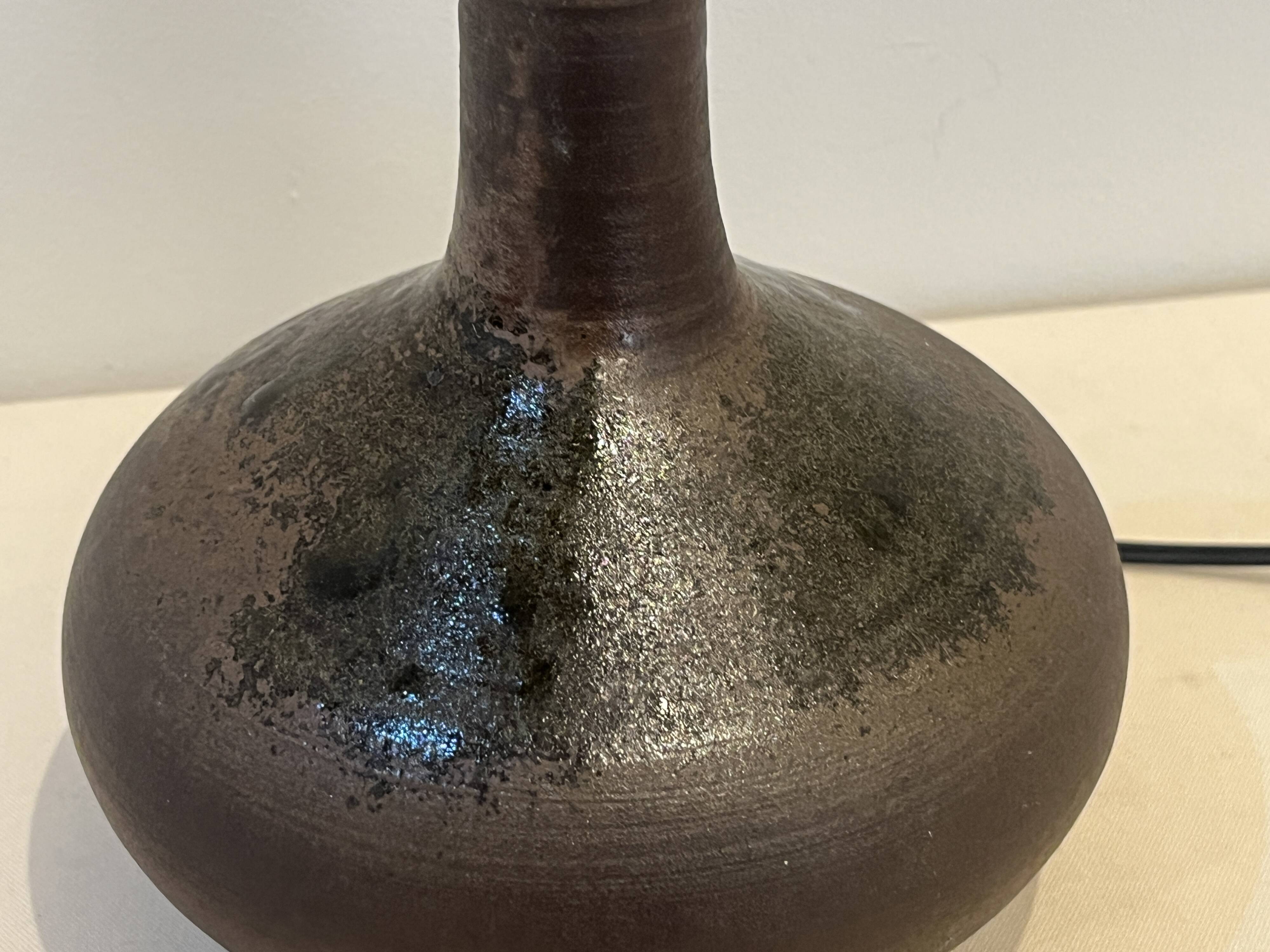 Vintage design lamp base in brown pyrite stoneware with raffia lampshade 1970