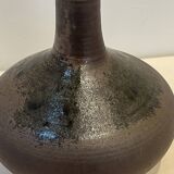 Vintage designer lamp base in brown pyrite stoneware with raffia lampshade, 1970s