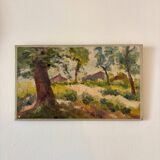 Peinture à l'huile sur toile "Maisons et forêt" n°50