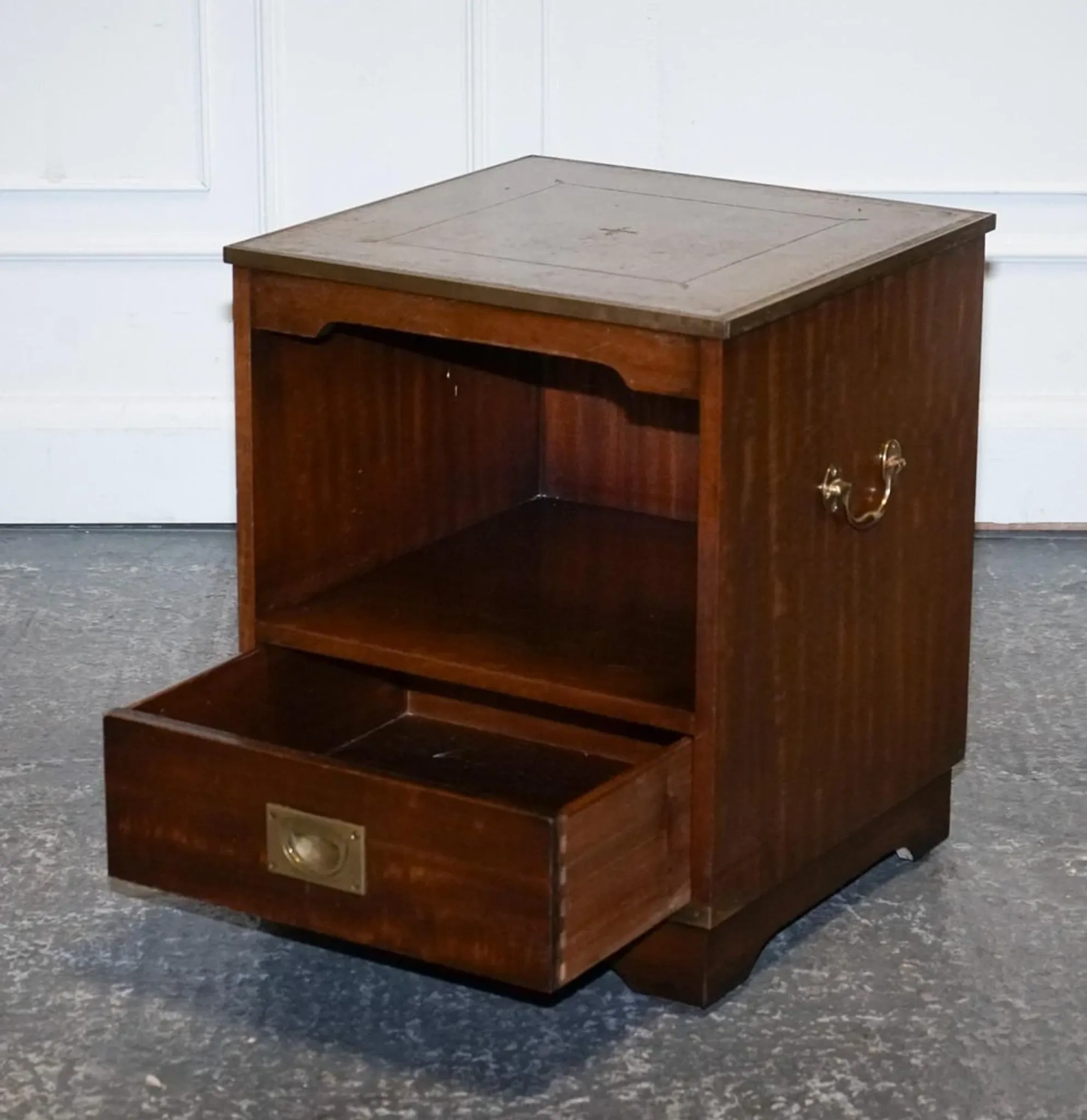 Vintage Bevan Funell Military Campaign Bedside Table with Leather Top