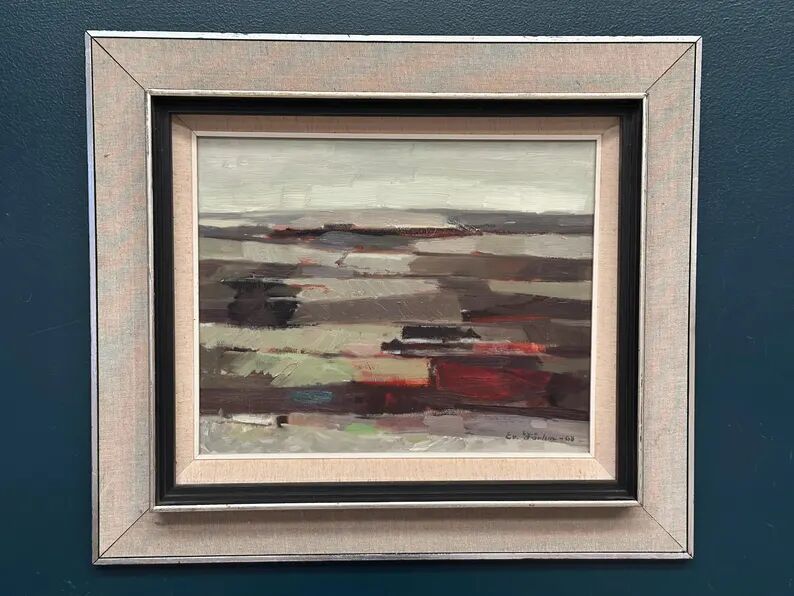 Original Swedish Oil on Panel – “Field Patches” by Evert Färhm (1901–1971) – Signed – 1968 – Vintage & Framed – 61 × 53 cm (24" × 20.9")
