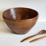 Scandinavian salad bowl in solid teak and cutlery